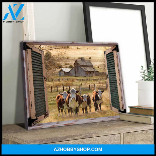 Farmhouse Window Barn With Hereford Cows Canvas And Poster, Wall Decor Visual Art