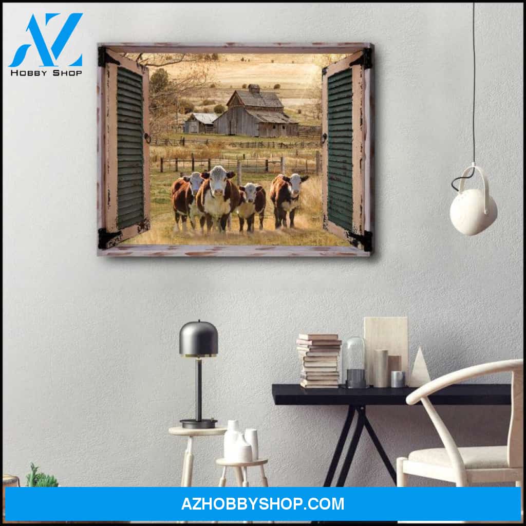 Farmhouse Window Barn With Hereford Cows Canvas And Poster, Wall Decor Visual Art