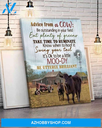 Farming Cows Tractor Advice From Cow Be Utterly Brilliant Vintage Canvas Poster Wall Art Prints, Farmhouse Decor