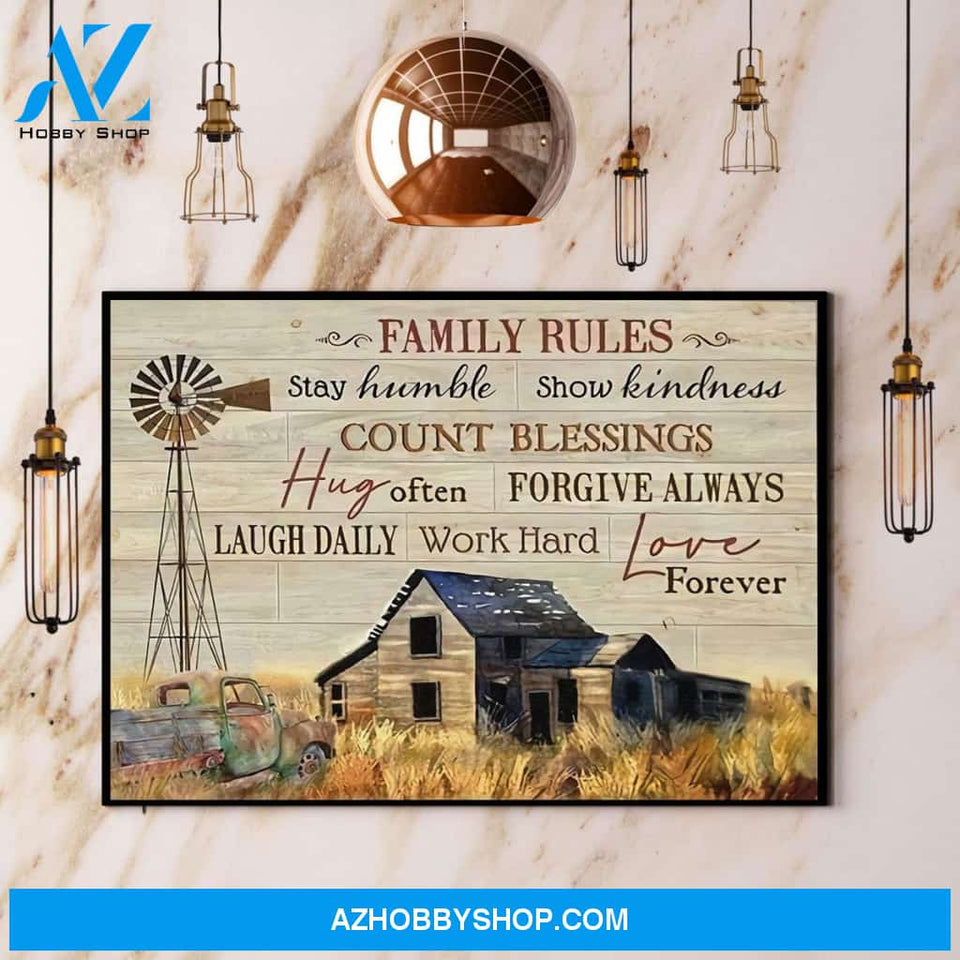 Farming Family Rules Stay Humble Work Hard Love Forever Canvas And Poster, Wall Decor Visual Art