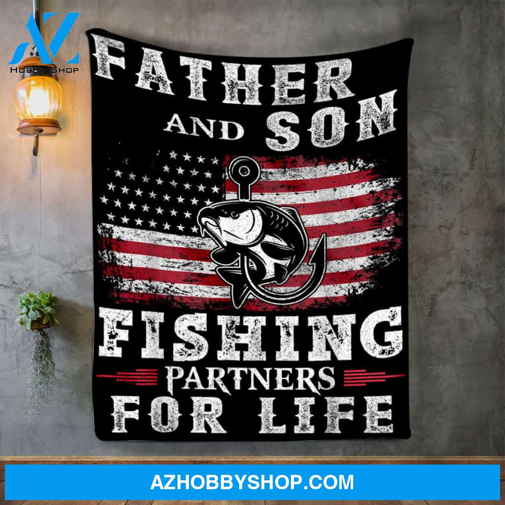Father And Son Fishing Fleece Blanket Fishing Partners For Life American Flag Great Customized Blanket For Birthday Christmas