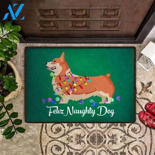 Feliz Naughty Dog Corgi Colorful Fairy Light Doormat Cute Dog Christmas Welcome Mat, Gift For Corgi Lovers