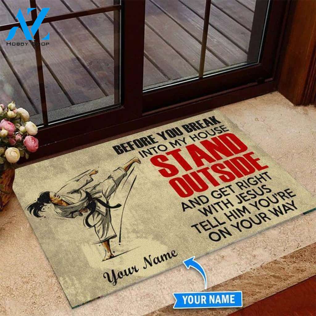 Female Karate Stand Outside Custom Doormat | Welcome Mat | House Warming Gift
