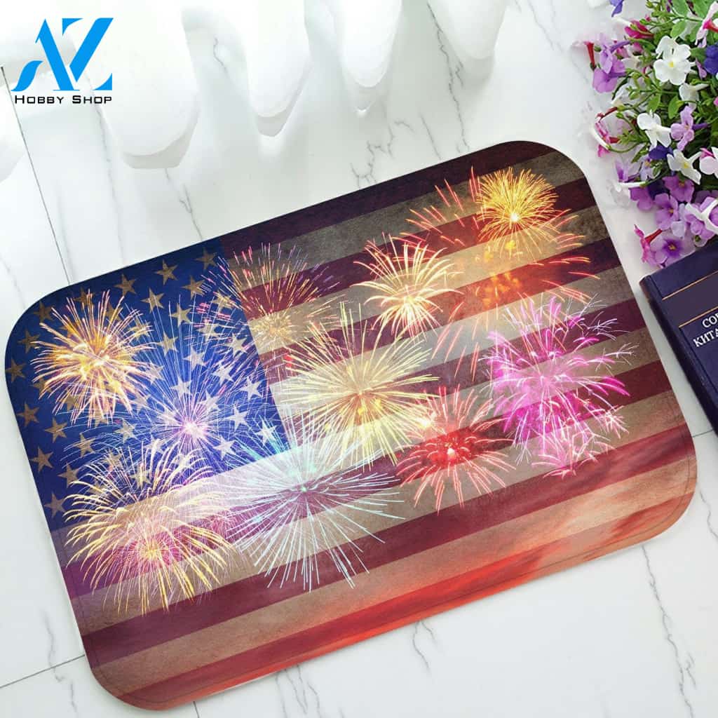 Fireworks Flag 4th Of July USA Independense Day Doormat Welcome Mat House Warming Gift Home Decor Funny Doormat Gift Idea