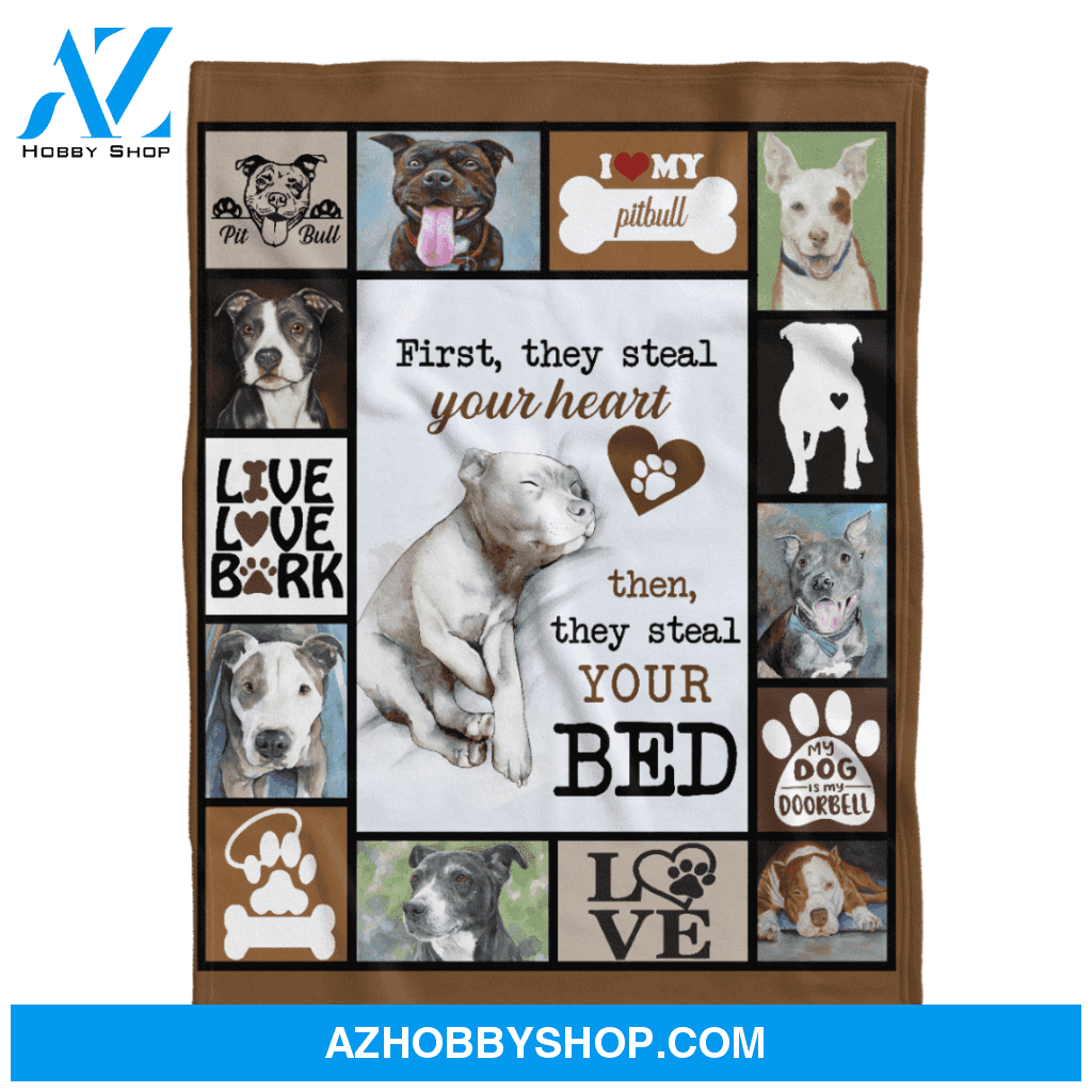 First They Steal Your Heart Pitbull Dog Fleece Blanket Gift For People Home Decor Bedding Couch Sofa Soft And Comfy Cozy
