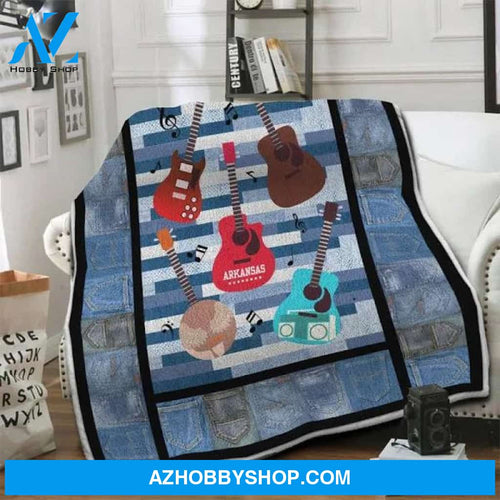 Five Guitar And Music In Blue Background Fleece Blanket Gift For People Home Decor Bedding Couch Sofa Soft And Comfy Cozy