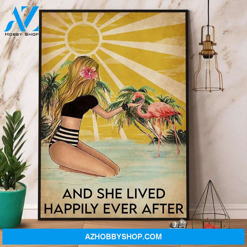 Flamingo And She Lived Happily Ever After Beach Girl Canvas And Poster, Wall Decor Visual Art