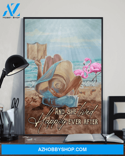 Flamingo Book Loves Poster And She Lived Happily Ever After Vintage Poster Canvas, Wall Decor Visual Art
