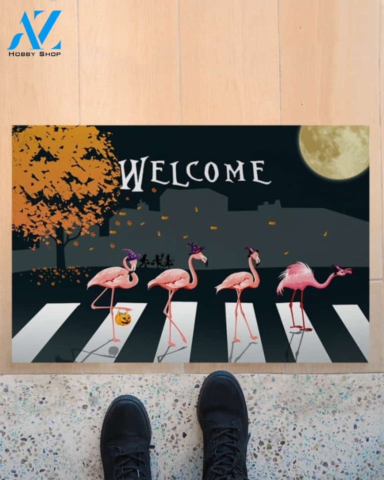 Flamingo Halloween Pumpkin Tree And Moon Funny Indoor And Outdoor Doormat Gift For Flamingo Lovers Decor Warm House Gift Welcome Mat