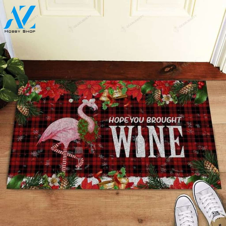 Flamingo Hope You Brought Wine Christmas Doormat