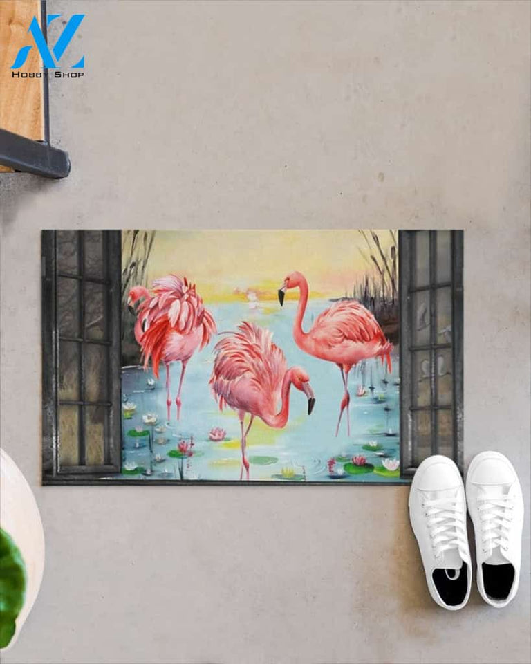 Flamingo In Spring Garden Window Indoor And Outdoor Doormat Gift For Flamingo Lovers Birthday Gift Decor Warm House Gift Welcome Mat