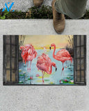 Flamingo In Spring Garden Window Indoor And Outdoor Doormat Gift For Flamingo Lovers Birthday Gift Decor Warm House Gift Welcome Mat