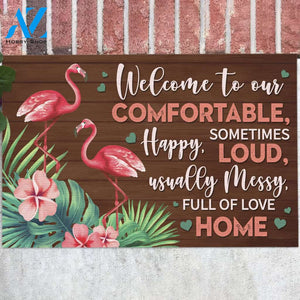 Flamingos Welcome To Our Comfortable Funny Doormat Gift For Flamingo Lovers Birthday Gift Home Decor Warm House Gift Welcome Mat