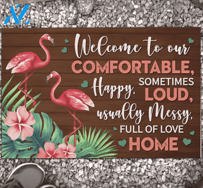 Flamingos Welcome To Our Comfortable Funny Doormat Gift For Flamingo Lovers Birthday Gift Home Decor Warm House Gift Welcome Mat