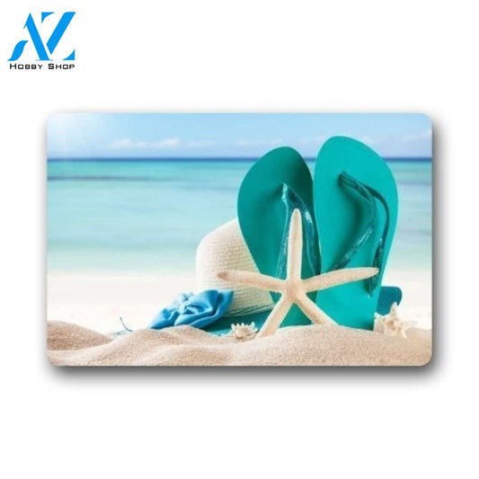 Flip Flops Starfish And Hat On The Beach Doormat Welcome Mat Housewarming Gift Home Decor Funny Doormat Best Gift Idea For Beach Lovers