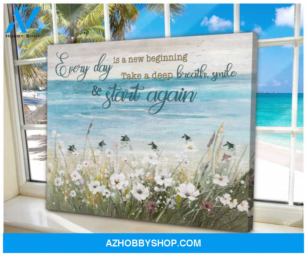 Ohcanvas Floral Beach and Turtle Everyday is a new beginning take a deep breath smile and start again Coastal Canvas Wall Art Decor