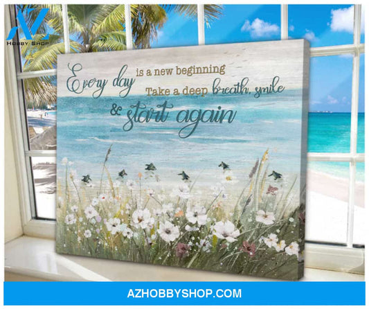 Ohcanvas Floral Beach and Turtle Everyday is a new beginning take a deep breath smile and start again Coastal Canvas Wall Art Decor