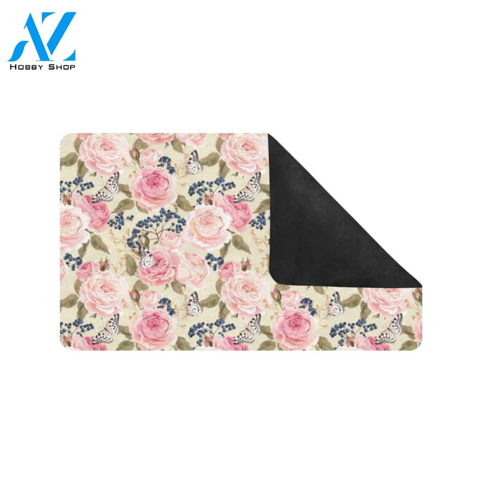 Floral Pink Butterfly Print Rubber Doormat