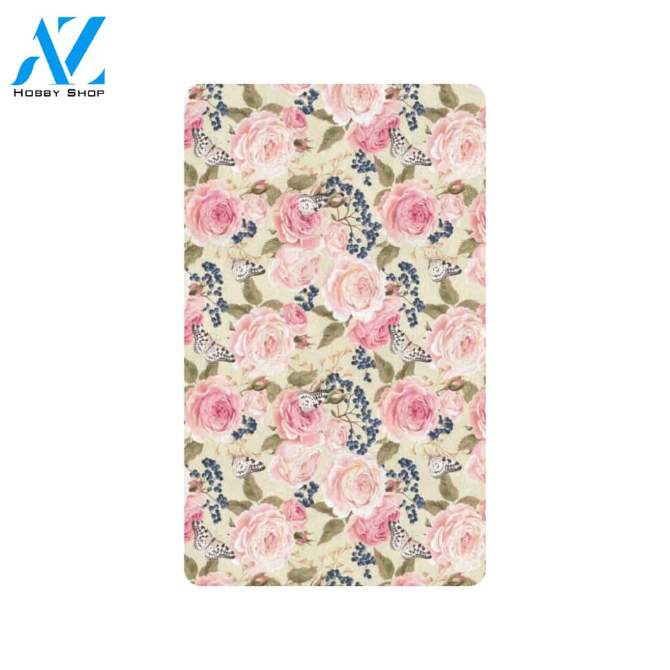 Floral Pink Butterfly Print Rubber Doormat