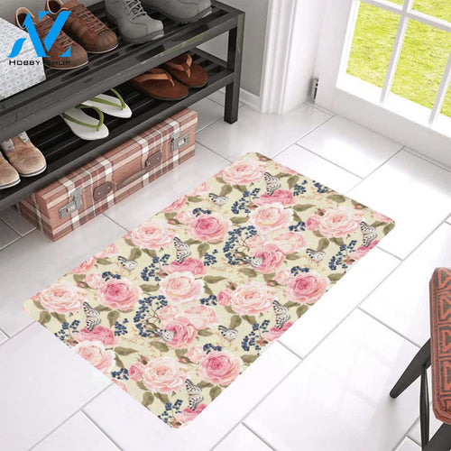 Floral Pink Butterfly Print Rubber Doormat