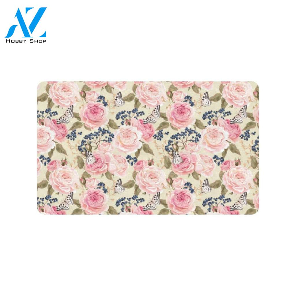 Floral Pink Butterfly Print Rubber Doormat