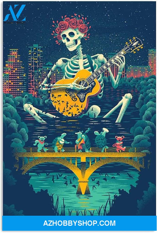 Floral Rose Crown Skeleton Skull Playing Guitar Night City Colorful Halloween Vintage Canvas And Poster, Wall Decor Visual Art, Halloween Gift, Happy Halloween