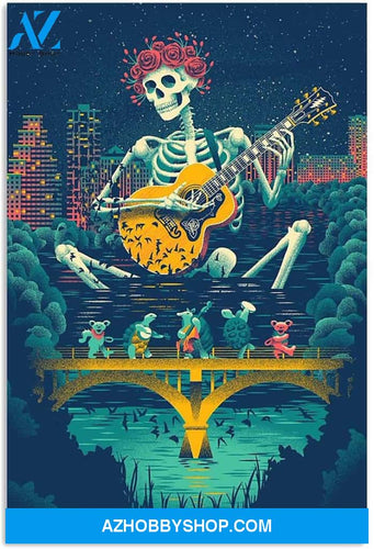 Floral Rose Crown Skeleton Skull Playing Guitar Night City Colorful Halloween Vintage Canvas And Poster, Wall Decor Visual Art, Halloween Gift, Happy Halloween