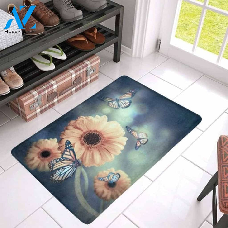 Floral Yellow Daisy And Butterfly Doormat Indoor And Outdoor Mat Entrance Rug Sweet Home Decor Housewarming Gift Gift For Friend Family Butterflies Lovers