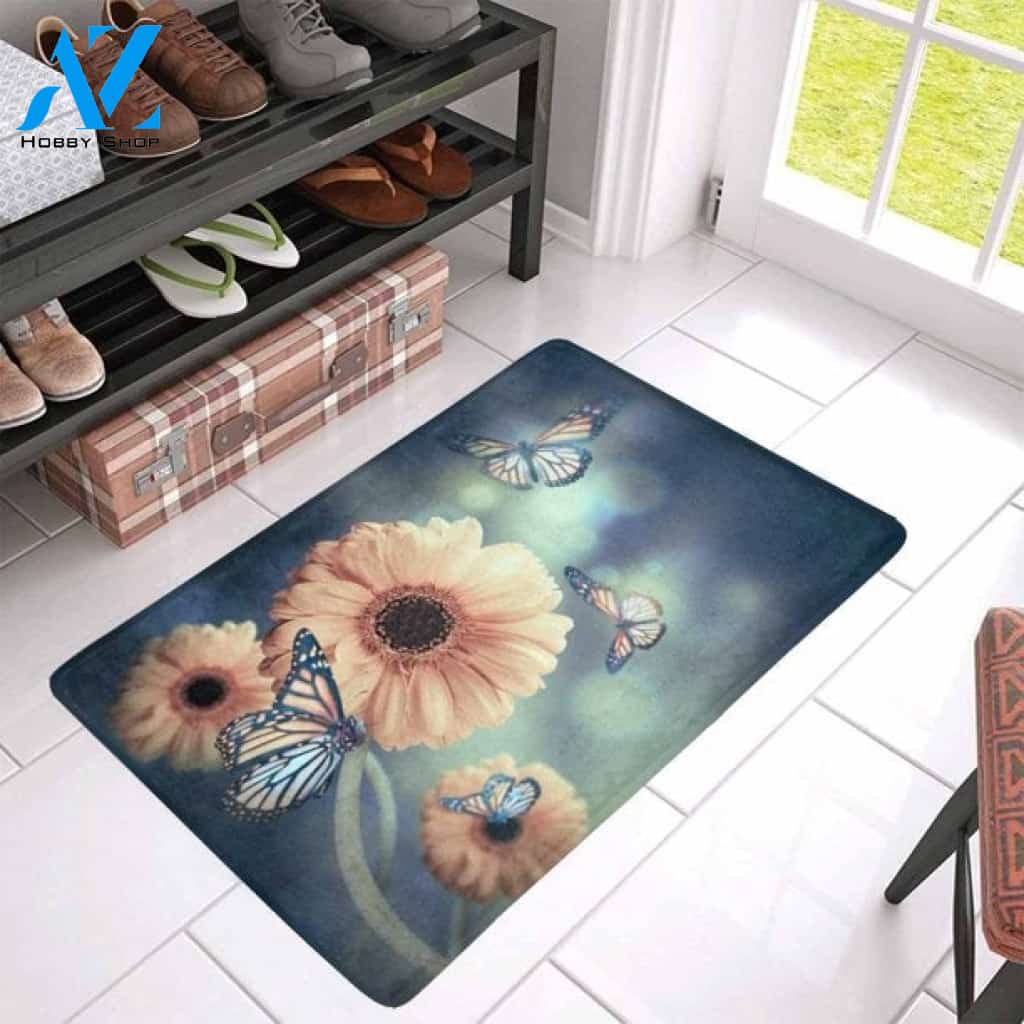 Floral Yellow Daisy And Butterfly Doormat Indoor And Outdoor Mat Entrance Rug Sweet Home Decor Housewarming Gift Gift For Friend Family Butterflies Lovers