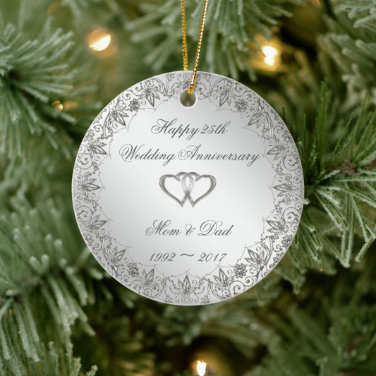 Flourish Silver 25Th Wedding Anniversary Ceramic O Ceramic Ornament