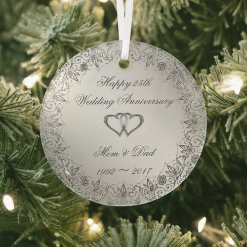Flourish Silver 25Th Wedding Anniversary  Glass Ornament