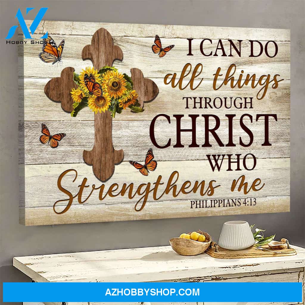 Flower and cross - I can do all things through Christ who strengthens me - Jesus Landscape Canvas Prints, Wall Art
