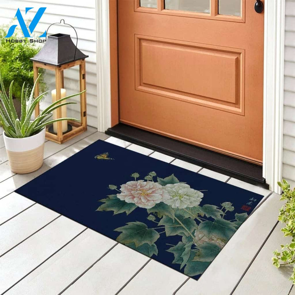 Flower Butterfly Blue Art Painting Butterfly Doormat Indoor And Outdoor Mat Entrance Rug Sweet Home Decor Housewarming Gift Gift For Friend Family Butterflies Lovers