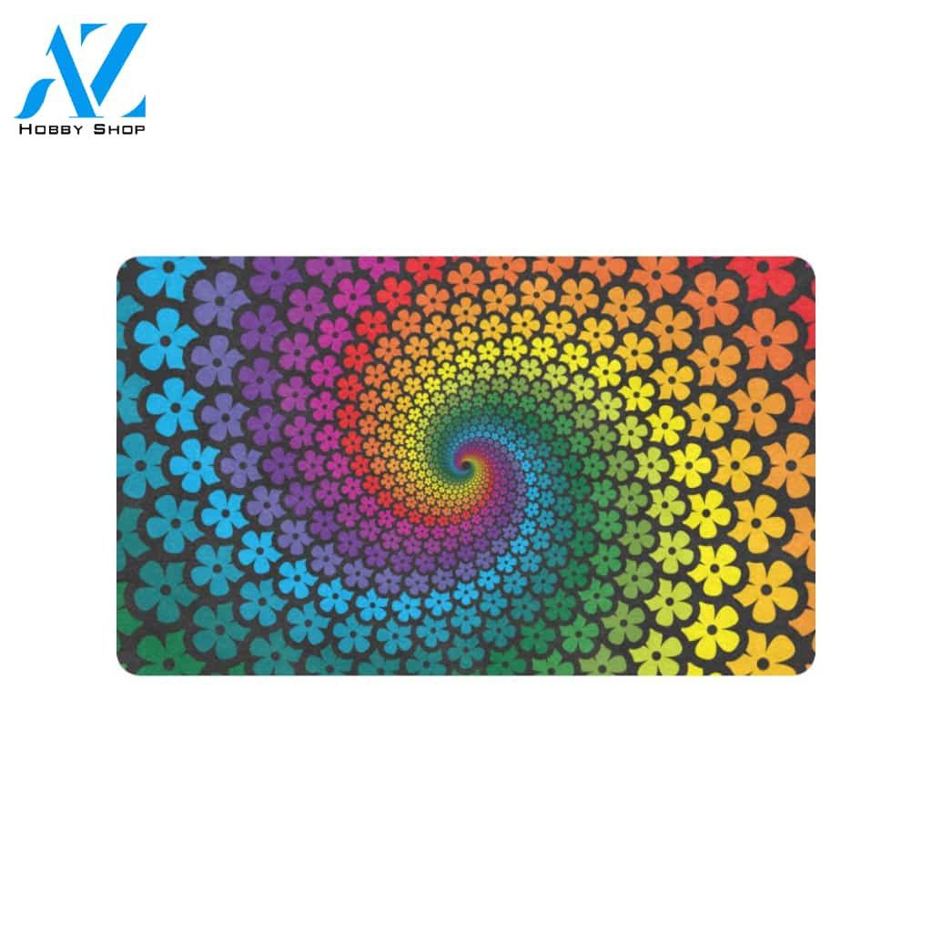 Flower Power Rainbow Spiral Print Rubber Doormat