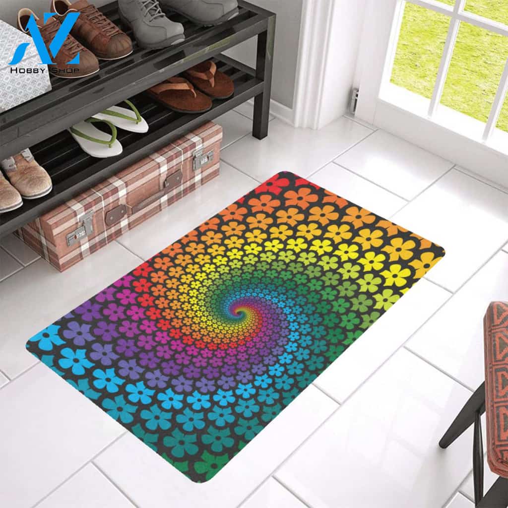 Flower Power Rainbow Spiral Print Rubber Doormat