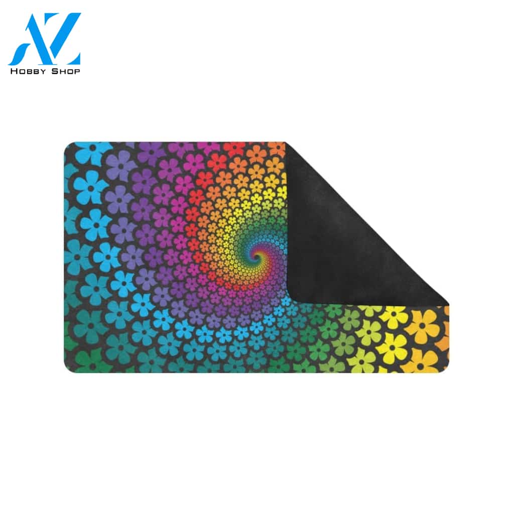 Flower Power Rainbow Spiral Print Rubber Doormat