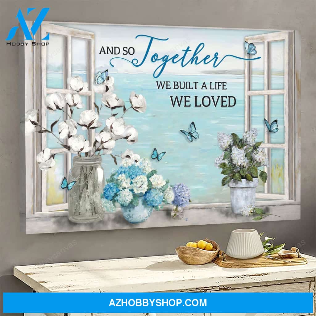 Flower vases and butterflies by the window - Couple Landscape Canvas Prints - Wall Art