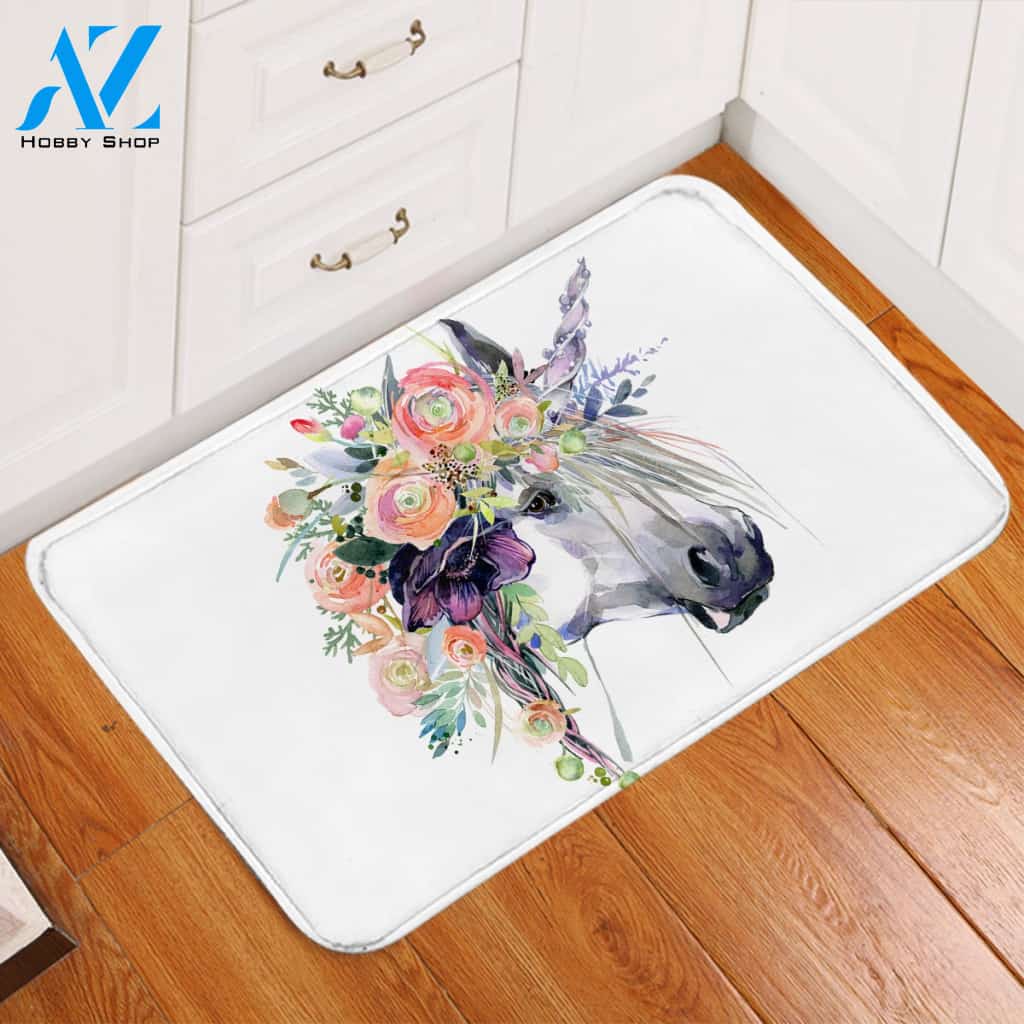 Flowery Unicorn White Door Mat