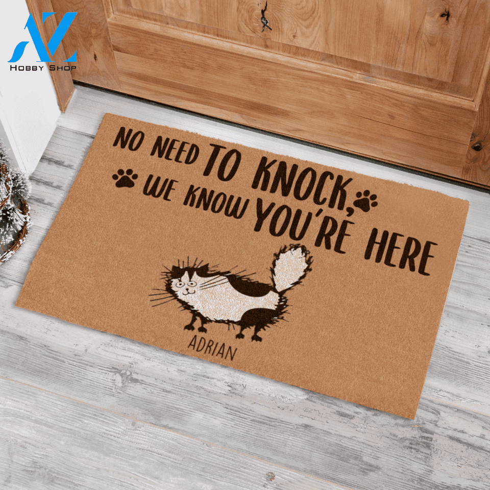 Fluffy Cat, No Need To Knock We Know You Are Here Personalized Doormat HQ