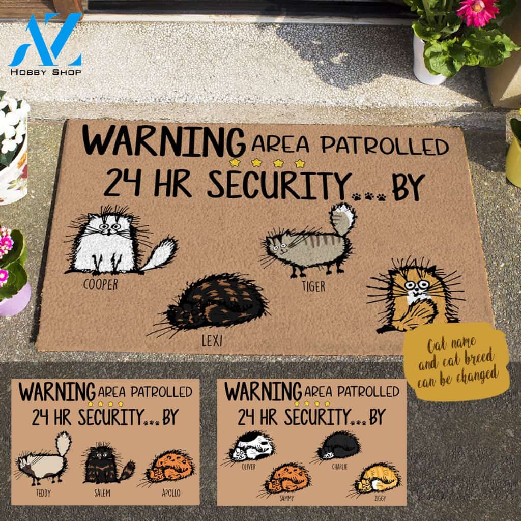Fluffy Cat, Warning Area Patrolled 24 HR Security ... By, Personalized Doormat HQ