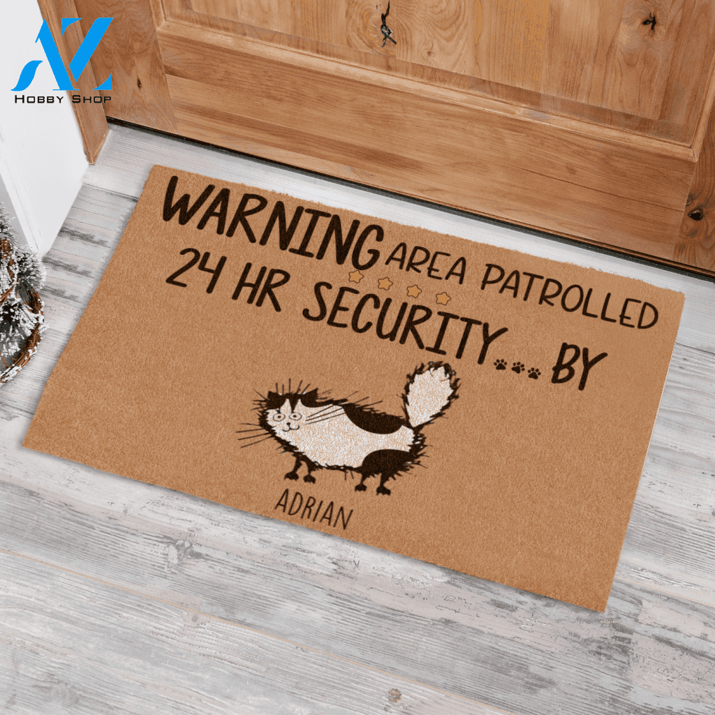 Fluffy Cat, Warning Area Patrolled 24 HR Security ... By, Personalized Doormat HQ