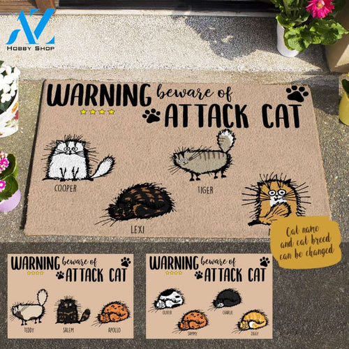 Fluffy Cat, Warning Beware Of Attack Cat, Personalized Doormat HQ