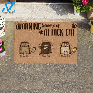 Fluffy Cat, Warning Beware Of Attack Cat, Personalized Doormat HQ | Welcome Mat | House Warming Gift