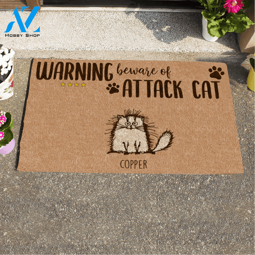 Fluffy Cat, Warning Beware Of Attack Cat, Personalized Doormat, TL
