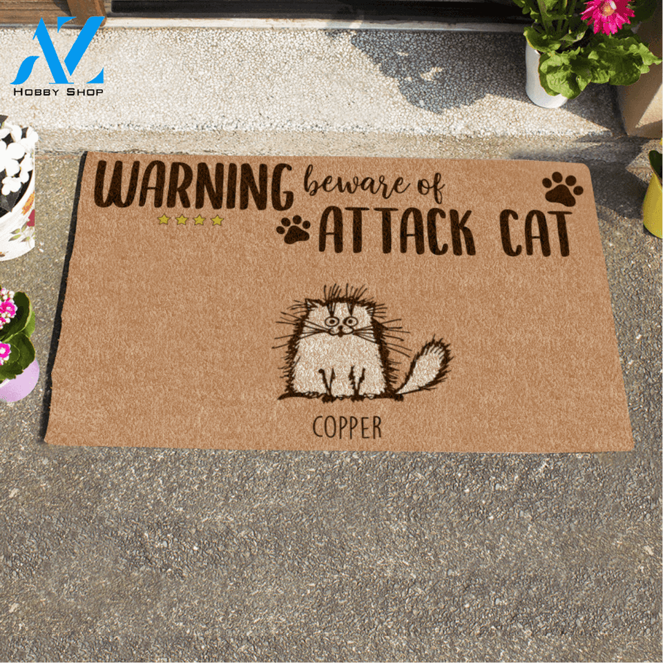 Fluffy Cat, Warning Beware Of Attack Cat, Personalized Doormat, TL
