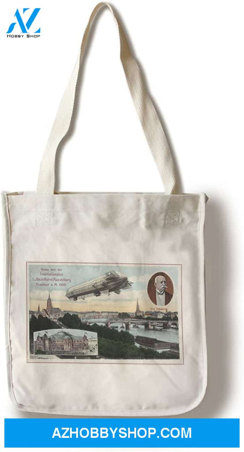 Frankfurt Germany View Of A Flying Zeppelin Vintage Poster