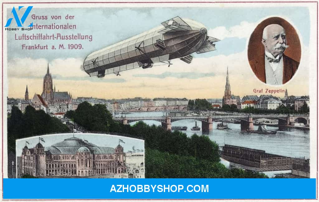 Frankfurt Germany - View Of A Flying Zeppelin - Vintage Poster