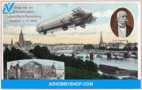 Frankfurt Germany - View Of A Flying Zeppelin - Vintage Poster