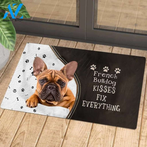 French Bulldog 2 Doormat, Kisses Fix Everything Doormat, Dog Welcome Mat, Funny Welcome Mats for Dogs Lovers