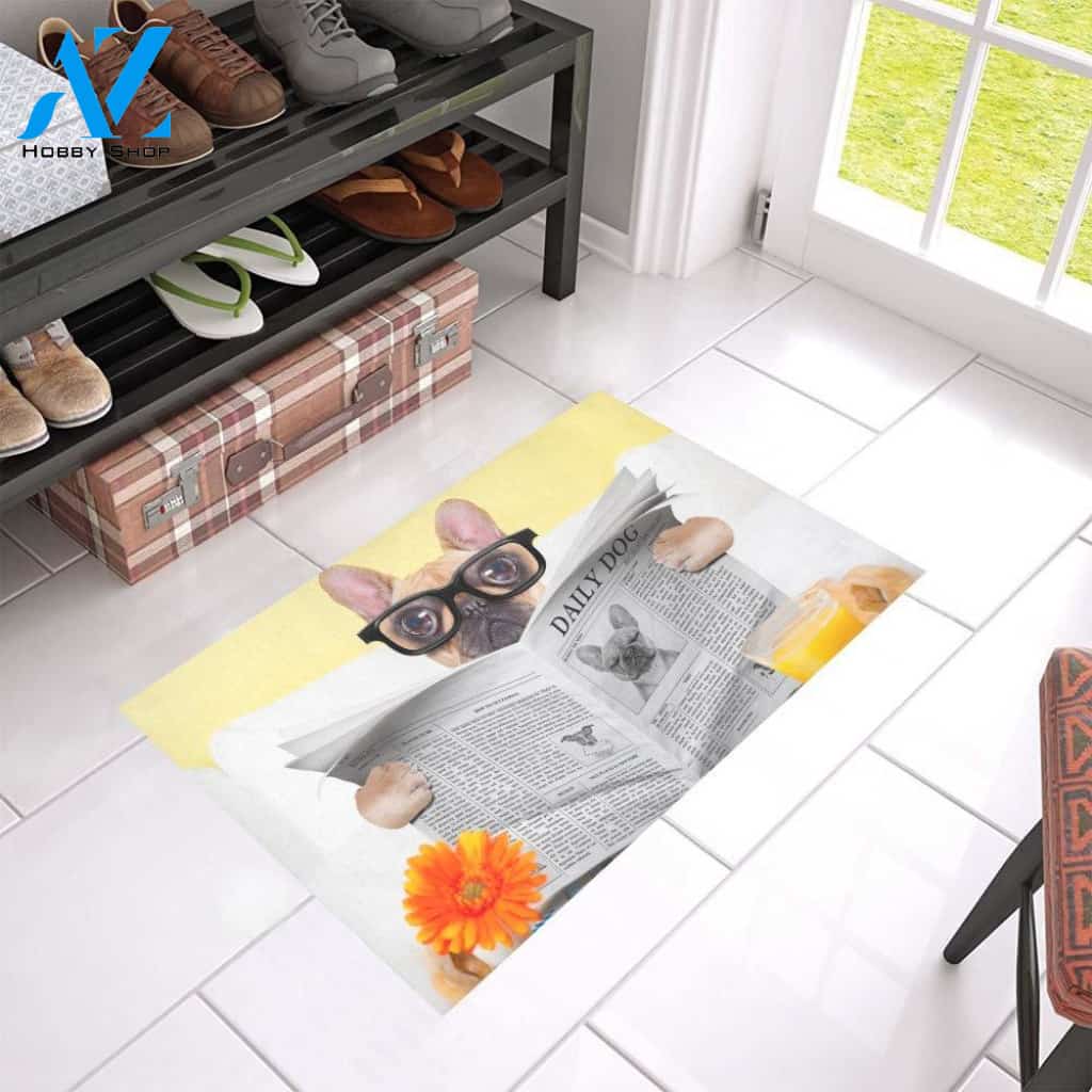 Personalized Name Family House French Bulldog Reading A Newspaper Doormat Welcome Mat Housewarming Gift Home Decor Funny Doormat Gift For Dog Lovers